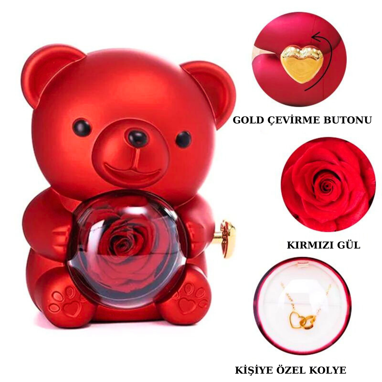 Teddy Rose Güllü Ayıcık Kalp Kolye Hediye Seti